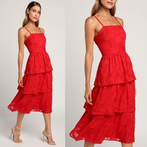 Lulus Grace and Beauty Red Burnout Floral Print Tiered Dress Size XL